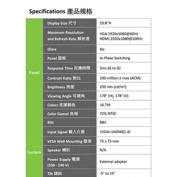 沛佳新莊 含稅價2000元 Acer 宏碁 E241Y E 24型 可壁掛/100hz抗閃 電腦螢幕 IPS-細節圖4