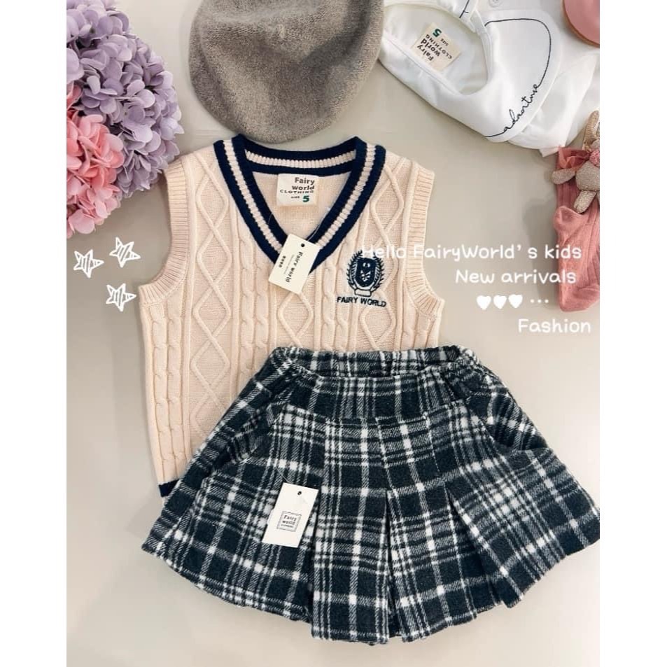 【24H出貨】台灣現貨 FairyWorld 學院風菱格  套裝 童裝 兒童套裝 韓版童裝 下裙 女童 女 平價童裝-細節圖2