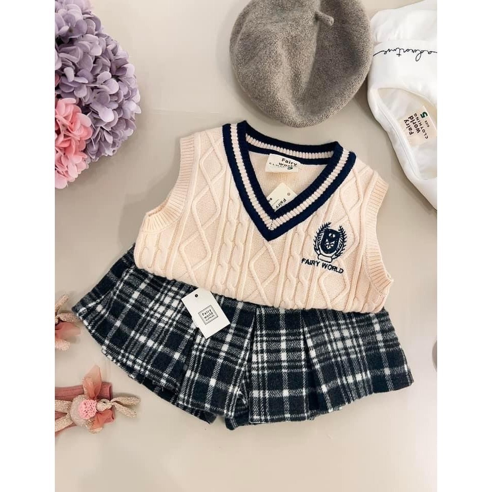 【24H出貨】台灣現貨 FairyWorld 學院風菱格  套裝 童裝 兒童套裝 韓版童裝 下裙 女童 女 平價童裝-細節圖3