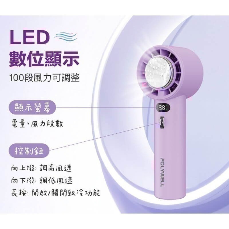『利好』POLYWELL冰敷數顯手持折疊風扇  100段風速 半導體制冷技術 冷敷降溫 Type-C充電 附掛繩-細節圖6