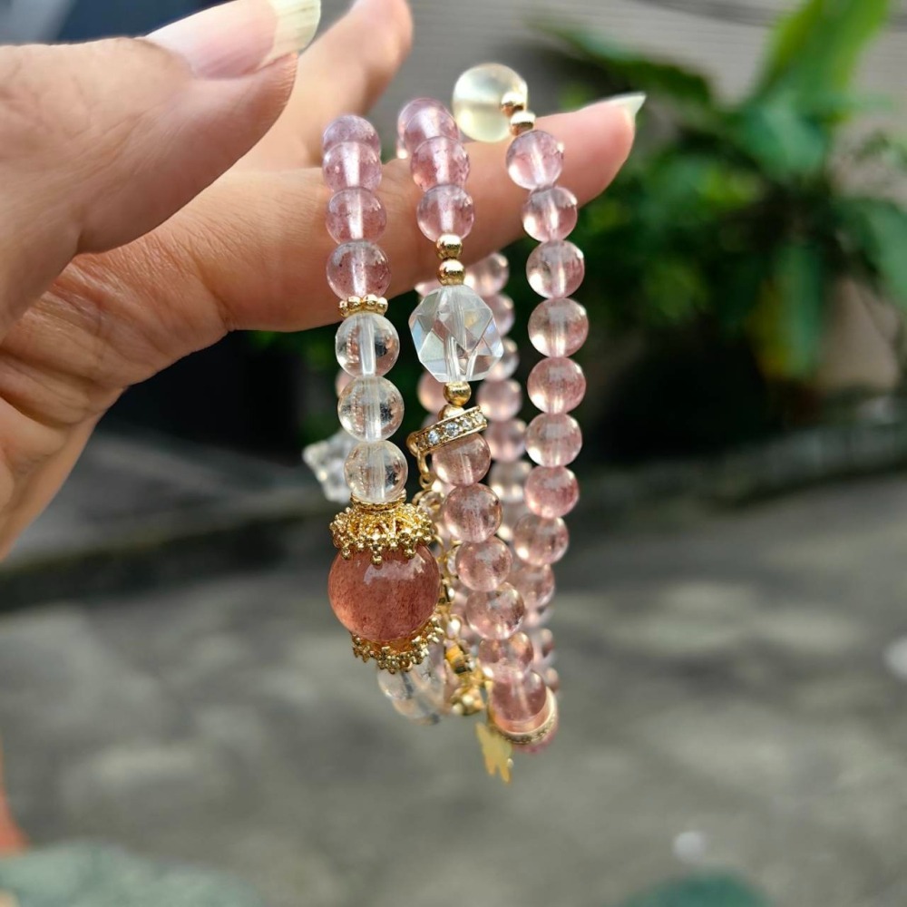 ╭＊一圖一物＊╮純天然設計款草莓晶三圈手鍊6.8mm 招桃花 招愛情 搭白水晶檸檬黃水晶 手串-細節圖2