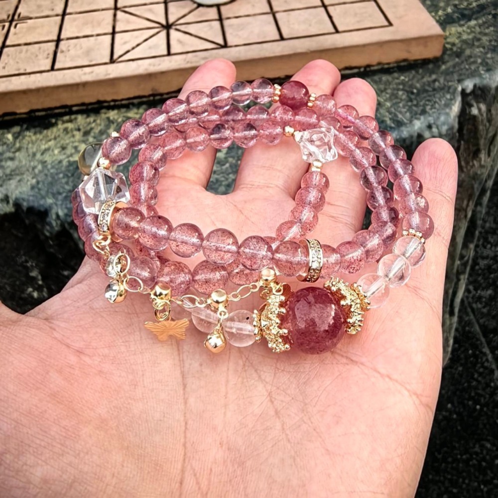 ╭＊一圖一物＊╮純天然設計款草莓晶三圈手鍊6.8mm 招桃花 招愛情 搭白水晶檸檬黃水晶 手串-細節圖3