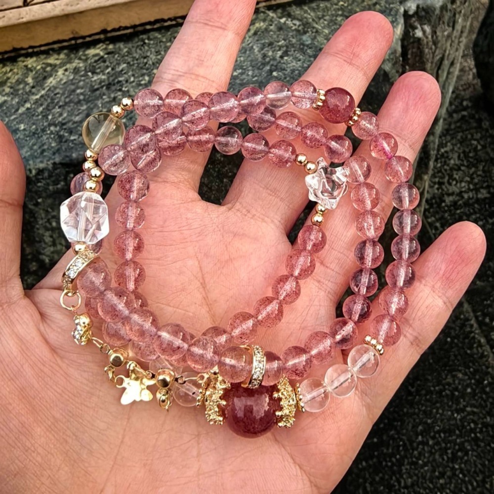 ╭＊一圖一物＊╮純天然設計款草莓晶三圈手鍊6.8mm 招桃花 招愛情 搭白水晶檸檬黃水晶 手串-細節圖4