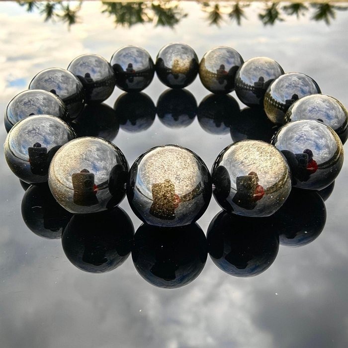 《典藏》天然典藏級金曜石手鍊 14.1mm 手圍17 水晶 手串 礦石-細節圖5