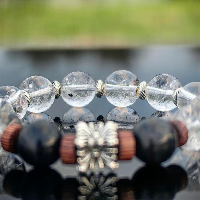 ╭＊一圖一物＊╮設計款 天然閃靈鑽12mm+黑龍晶藍閃石12mm+龍麟木 手圍16 手串 手鍊 手鏈-細節圖3