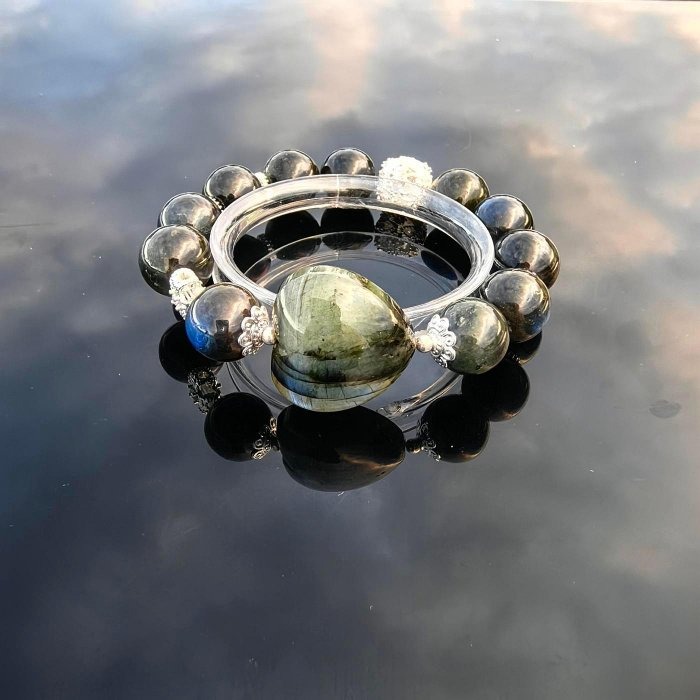 ╭＊月光海＊╮天然原礦黑底藍光拉長石手鍊 12.6mm 手圍16 水晶 手串 晶礦-細節圖5