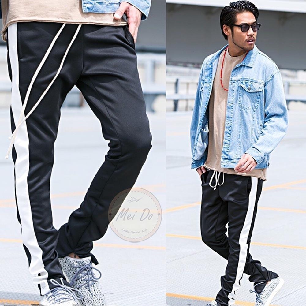 單線褲 小賈褲 男生運動長褲 彈力透氣 小賈 運動褲 顯瘦褲 小腳褲 舒適 修身 線條褲 長抽繩 四季百搭 男女不拘-細節圖2