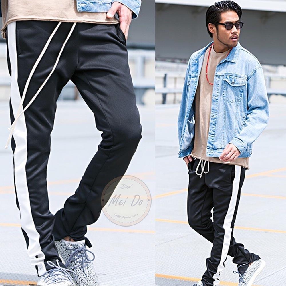 單線褲 小賈褲 男生運動長褲 彈力透氣 小賈 運動褲 顯瘦褲 小腳褲 舒適 修身 線條褲 長抽繩 四季百搭 男女不拘-細節圖2