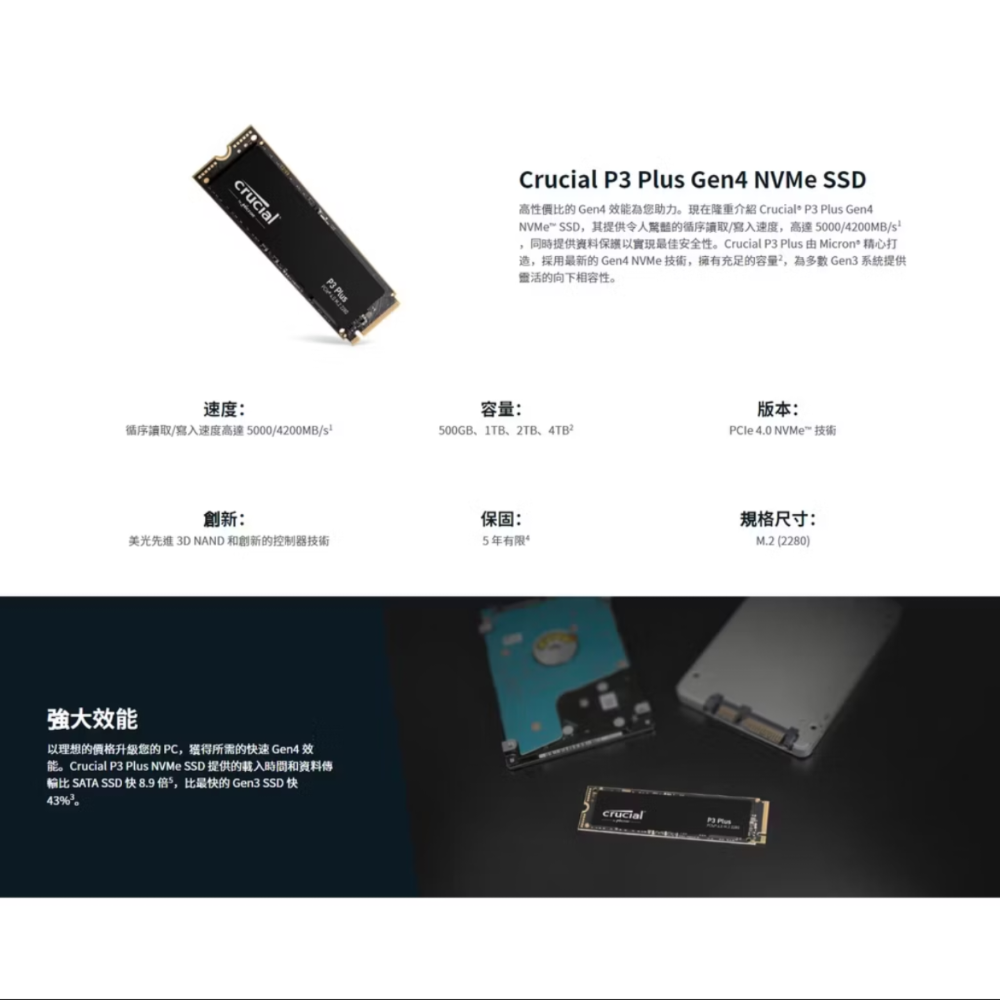Crucial P3 Plus NAND NVMe PCle_4.0 M.2 2280 SSD-細節圖2