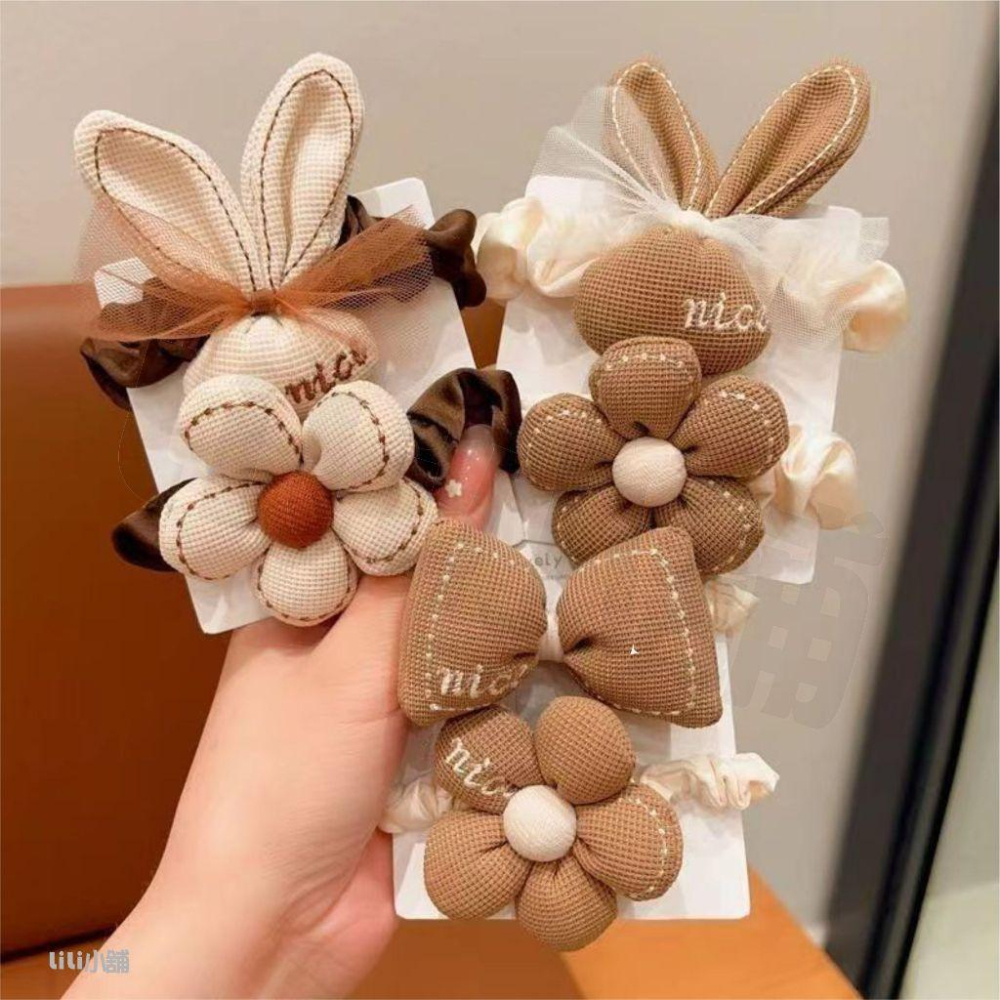 現貨 兒童秋冬奶咖色兔子髮圈 小女孩花朵頭繩扎 頭髮皮筋不傷髮馬尾髮繩-細節圖4