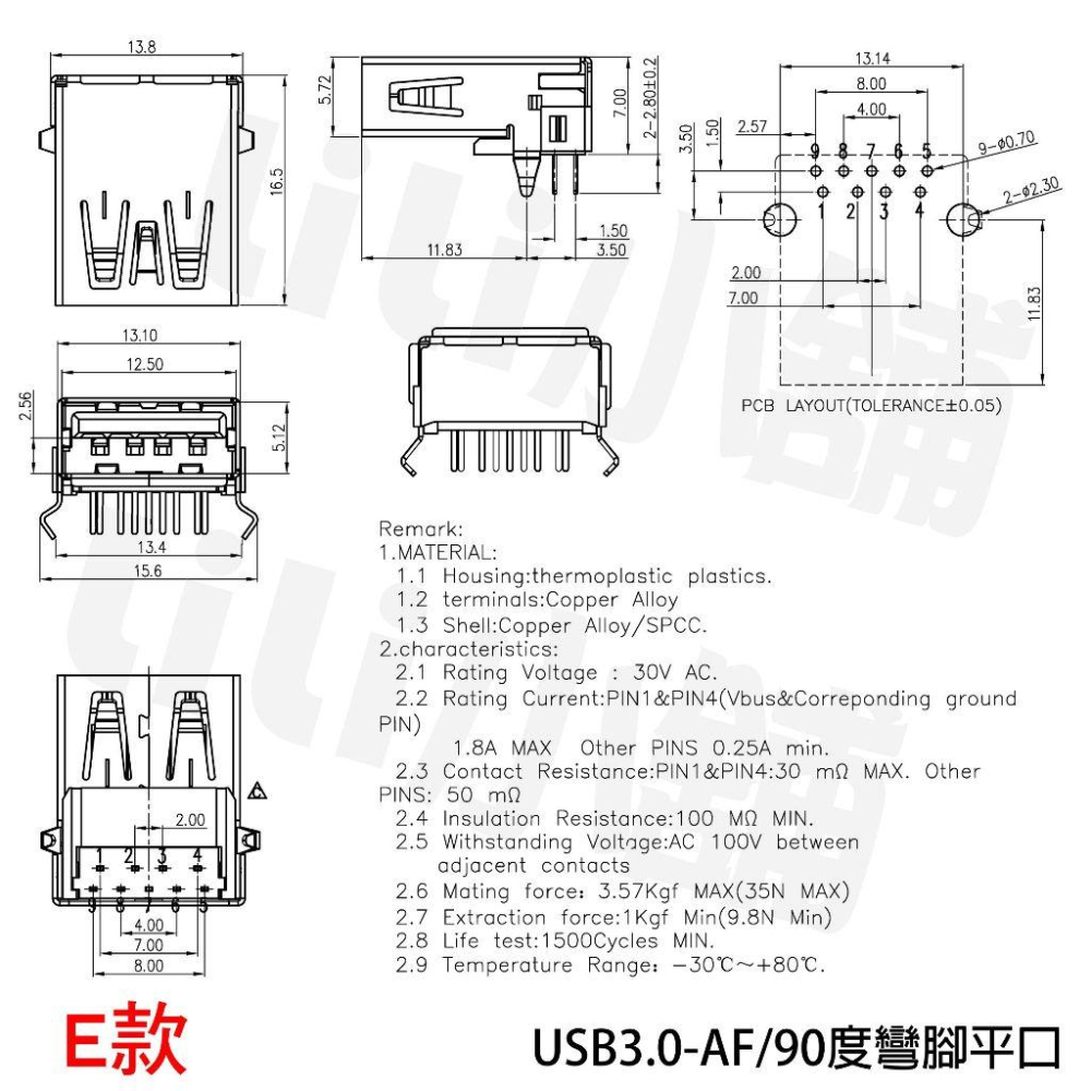 USB3.0-AM/AF接口 90/180°母座公頭方口 A型B貼片直插插座連接器-細節圖5