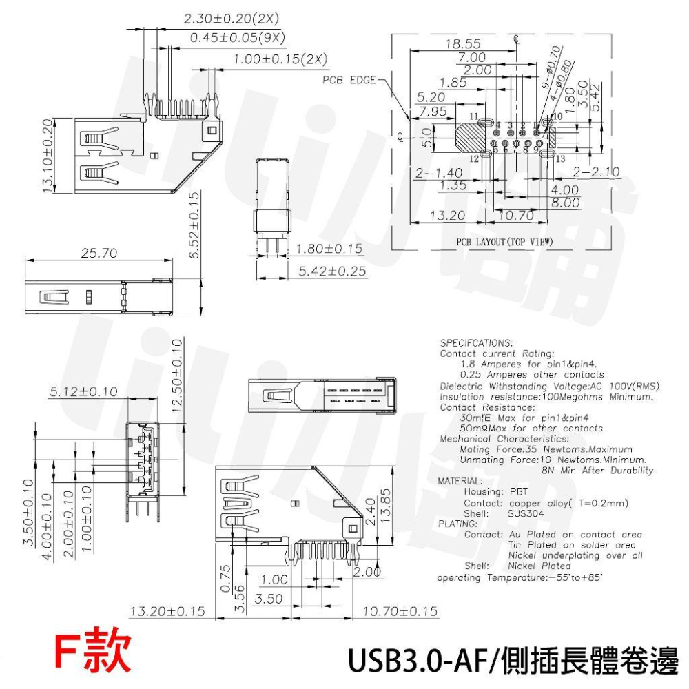 USB3.0-AM/AF接口 90/180°母座公頭方口 A型B貼片直插插座連接器-細節圖6
