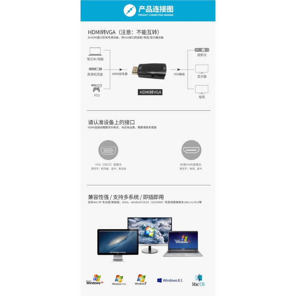 HDMI轉VGA轉接頭 HD高清轉模擬VGA轉換頭 公轉母轉接頭 電腦轉投影儀顯示帶音頻-細節圖8