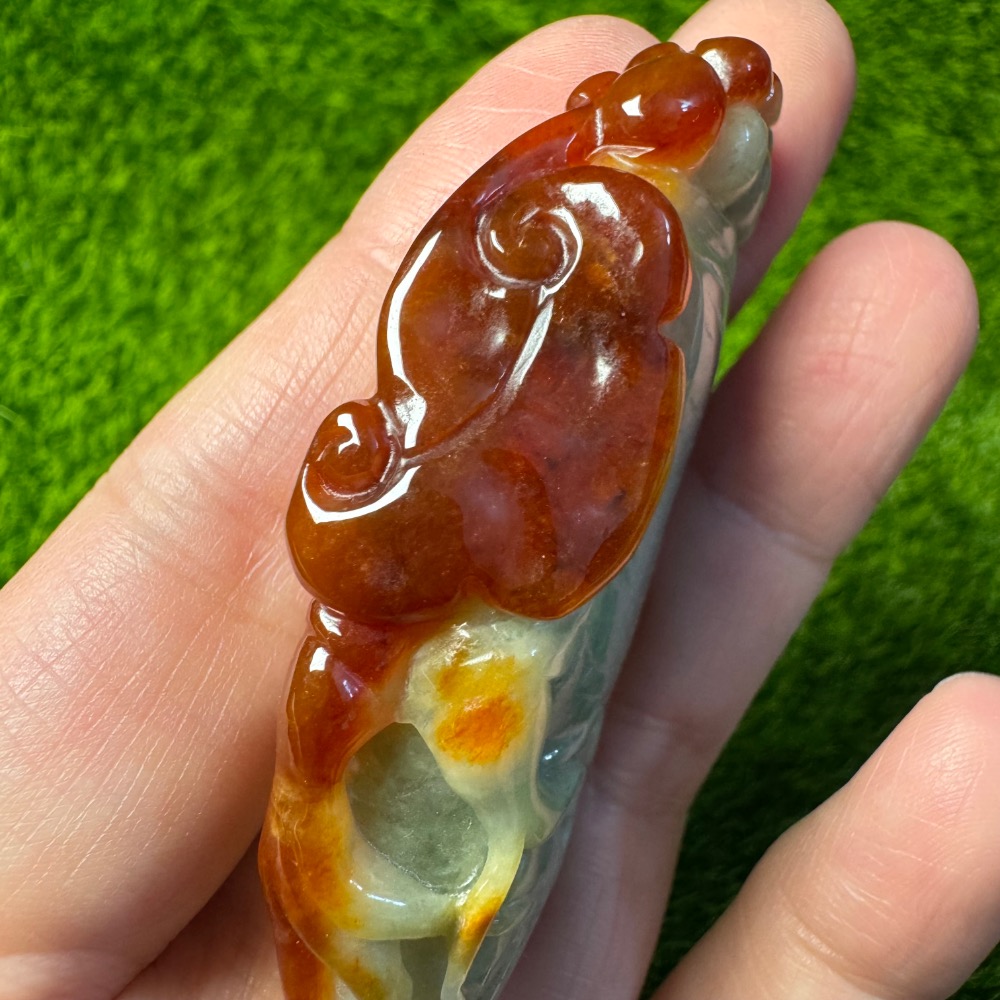 [收藏出清] 天然緬甸 A 貨翡翠 冰紅翡 俏色巧雕 人蔘如意-細節圖2