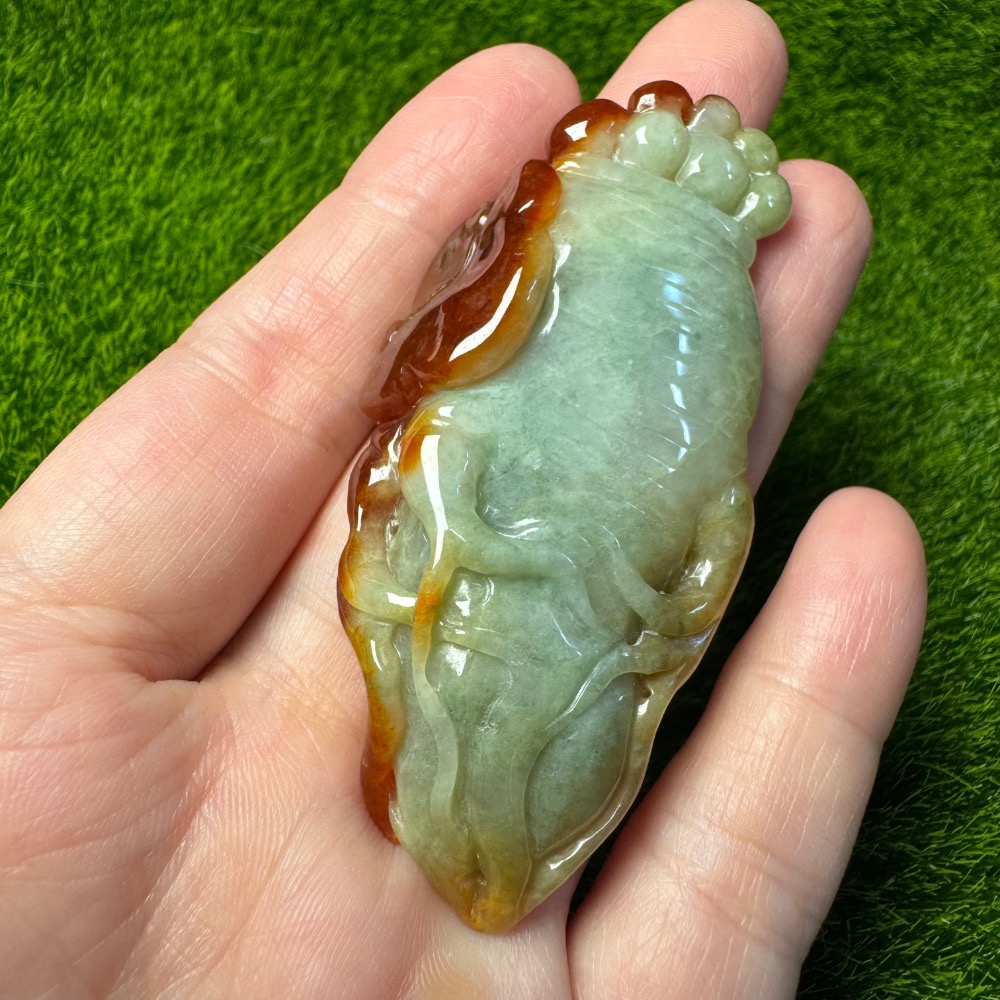 [收藏出清] 天然緬甸 A 貨翡翠 冰紅翡 俏色巧雕 人蔘如意-細節圖5