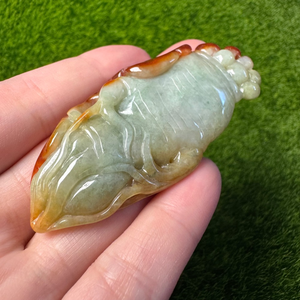 [收藏出清] 天然緬甸 A 貨翡翠 冰紅翡 俏色巧雕 人蔘如意-細節圖6