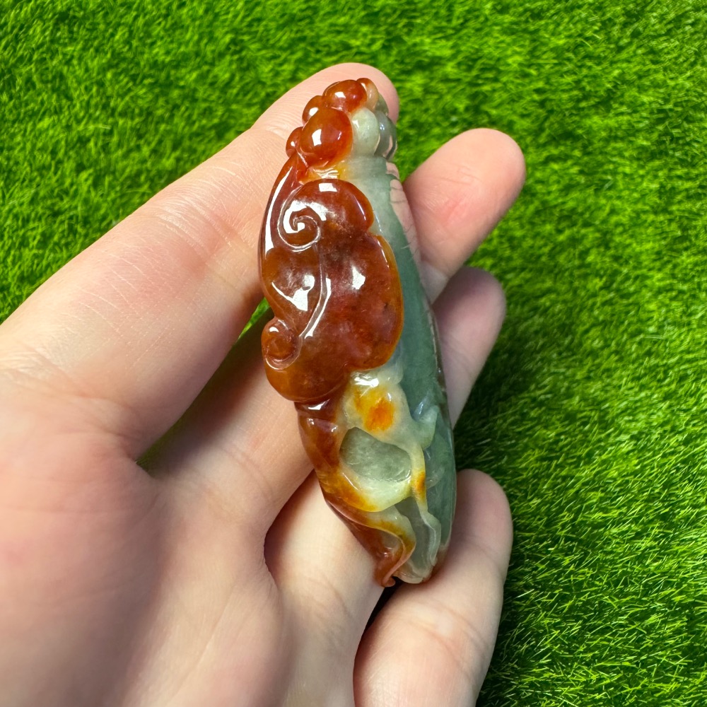 [收藏出清] 天然緬甸 A 貨翡翠 冰紅翡 俏色巧雕 人蔘如意-細節圖7