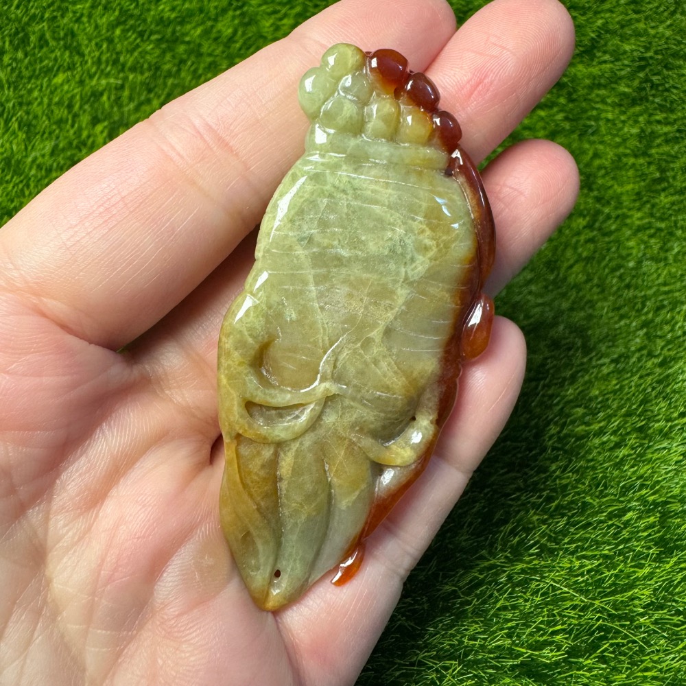 [收藏出清] 天然緬甸 A 貨翡翠 冰紅翡 俏色巧雕 人蔘如意-細節圖8