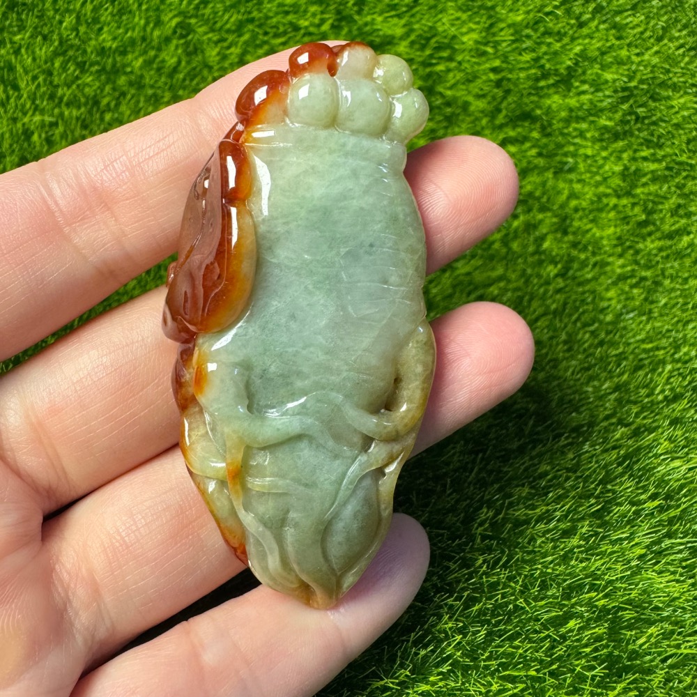 [收藏出清] 天然緬甸 A 貨翡翠 冰紅翡 俏色巧雕 人蔘如意-細節圖9