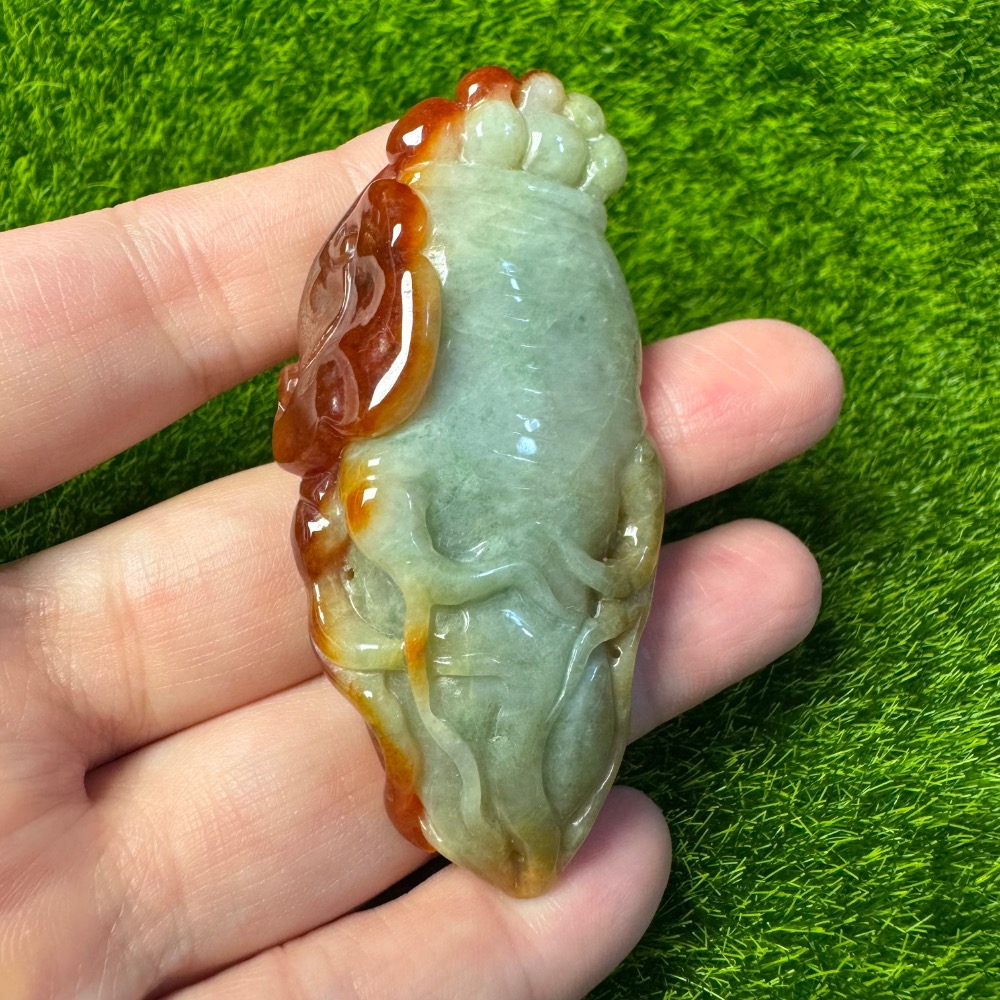 [收藏出清] 天然緬甸 A 貨翡翠 冰紅翡 俏色巧雕 人蔘如意-細節圖10