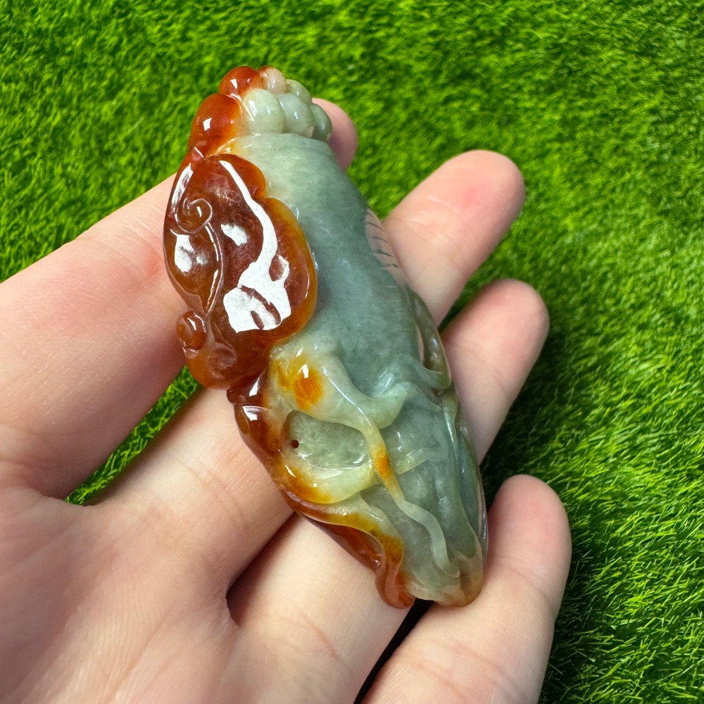 [收藏出清] 天然緬甸 A 貨翡翠 冰紅翡 俏色巧雕 人蔘如意-細節圖11