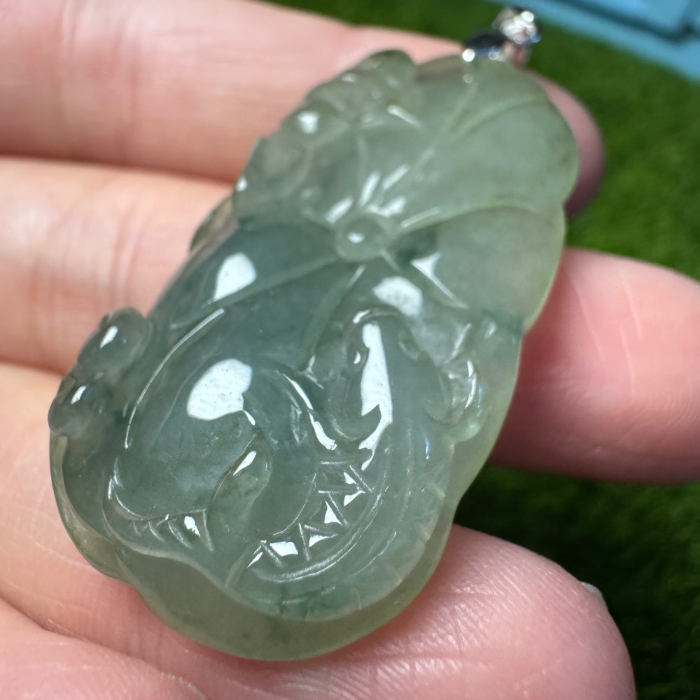 [買太多出清] 天然緬甸 A 貨翡翠  冰飄藍花 荷葉魚 荷苞有餘-細節圖9