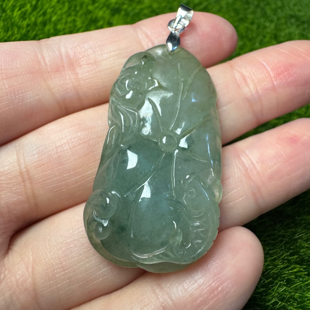 [買太多出清] 天然緬甸 A 貨翡翠  冰飄藍花 荷葉魚 荷苞有餘-細節圖10