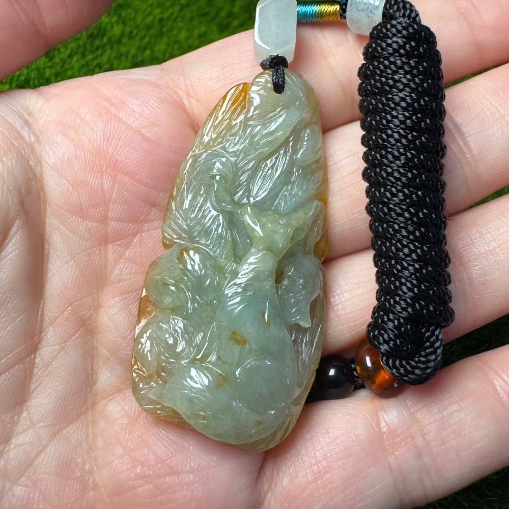 [買太多出清] 天然緬甸 A 貨翡翠 冰黃灑金 九尾狐 招財 招人緣 [附陸證]-細節圖3