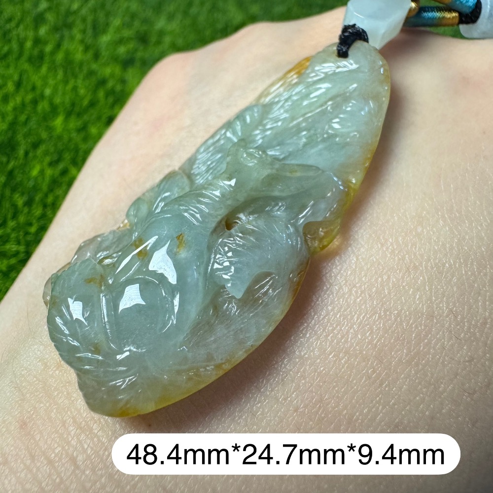 [買太多出清] 天然緬甸 A 貨翡翠 冰黃灑金 九尾狐 招財 招人緣 [附陸證]-細節圖6