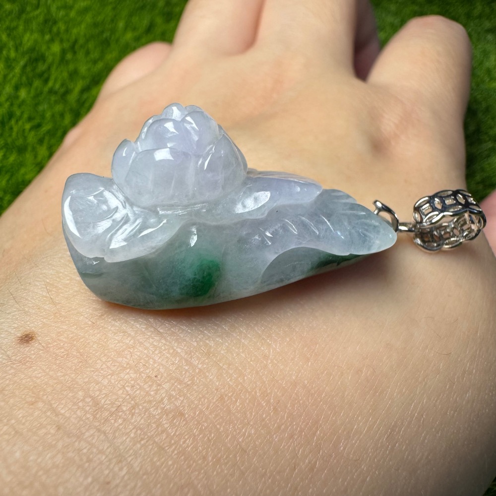 [買太多出清] 天然緬甸 A 貨翡翠 辣陽綠 立體花墜 含s925銀扣頭-細節圖4