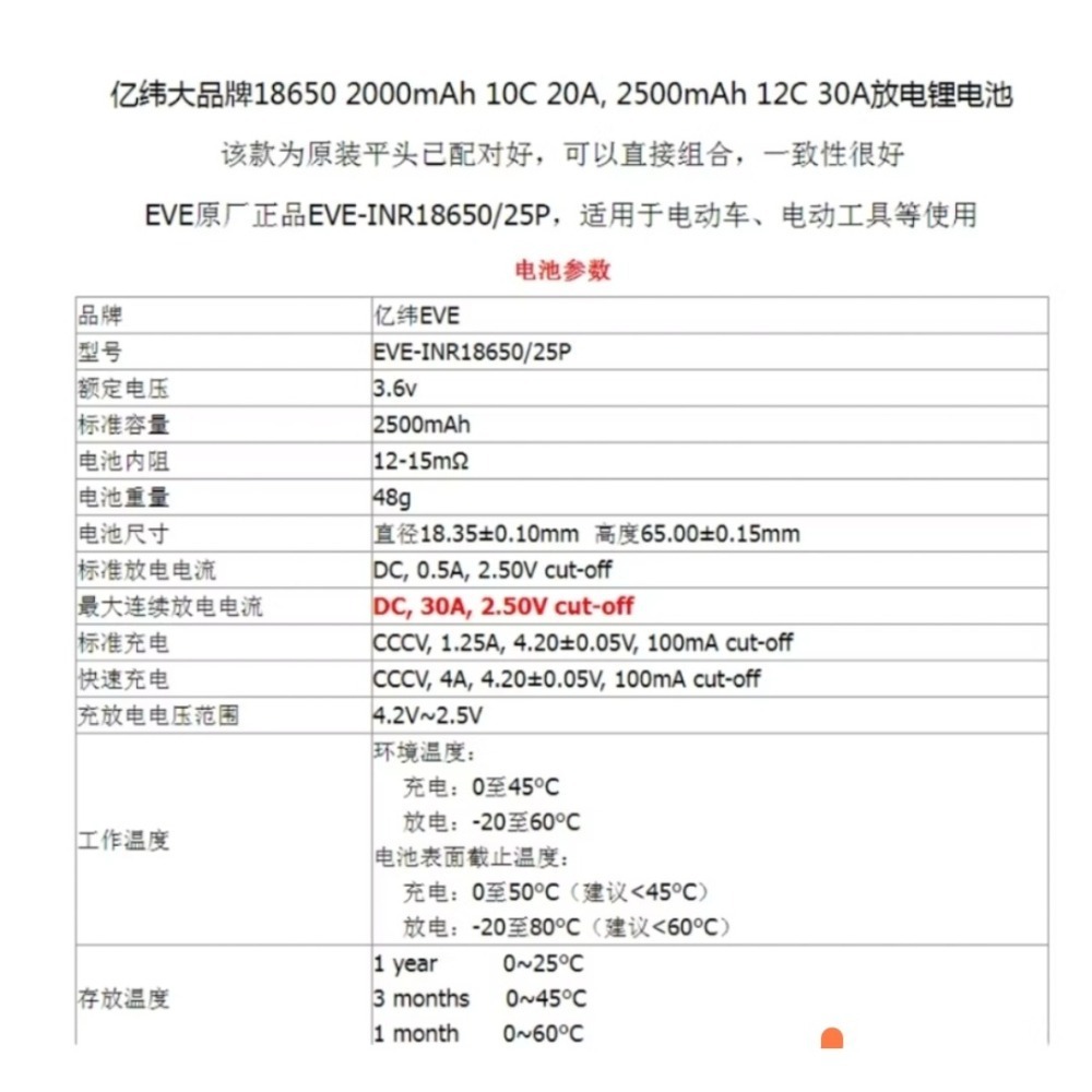 全新 台灣 現貨 A+ 原碼 18650 億緯 EVE 25P 2500mAh 12C 30A 動力電池-細節圖2