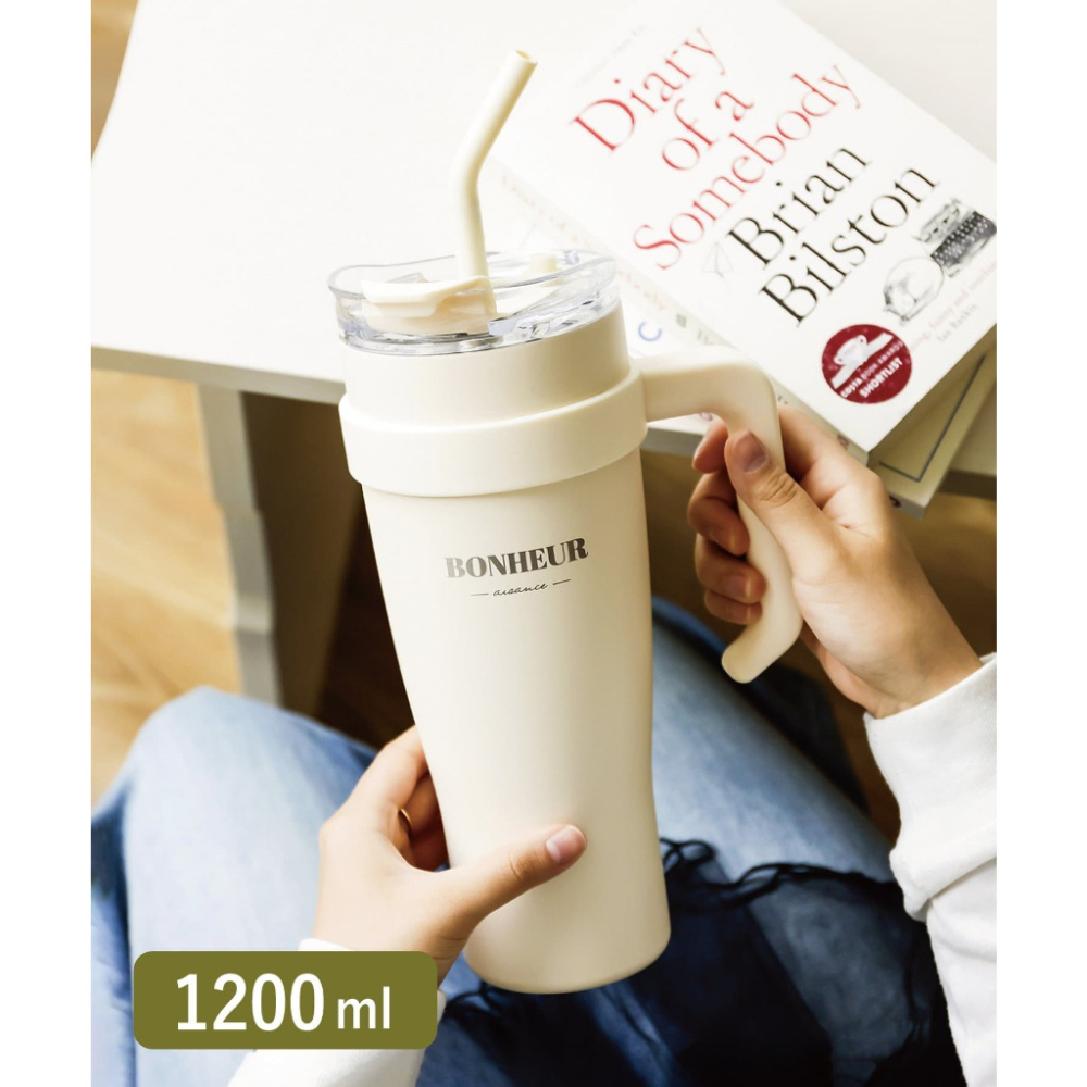 ＊DDJP小舖＊日本 3coins 象牙白色 大容量 不鏽鋼保溫杯 吸管杯 保冰杯 冰壩杯 水杯 1200ml-細節圖6