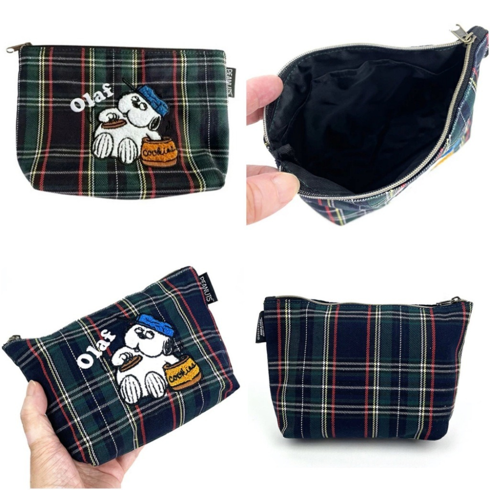 ＊DDJP小舖＊日本正版 snoopy史努比 歐拉夫 刺繡船型拉鍊包 素面款 英倫格紋款 化妝包 拉鍊包 收納小包 收納-細節圖4