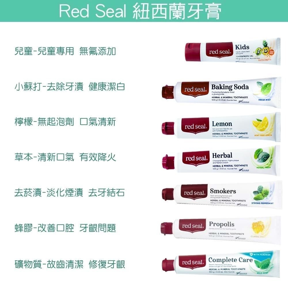 Red Seal 紐西蘭牙膏 100g~70g 多款可選 【風行小舖】 無氟/蜂膠/小蘇打/菸漬/檸檬 紐西蘭原裝進口-細節圖2