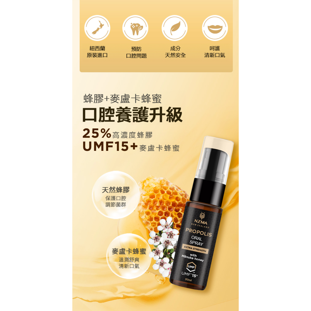 【7-ELEVEN門市團購】紐西蘭 NZMA 麥蘆卡蜂蜜 蜂膠 UMF15+ 蜂膠噴劑 30ml【2入特惠組】-細節圖4