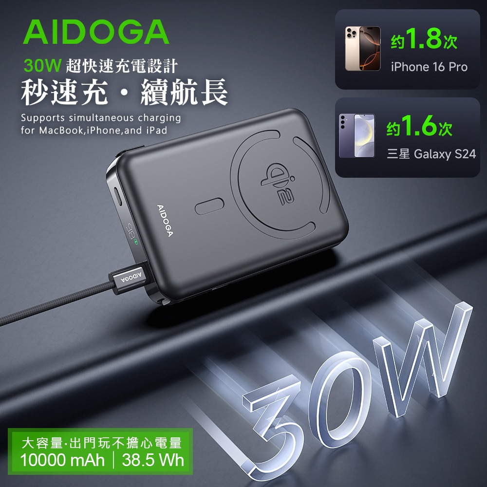 AIDOGA 艾迪伽 Qi2 10000mAh 可上飛機 磁吸無線充電行動電源手機支架充電線 兼容Magsafe Pow-細節圖8