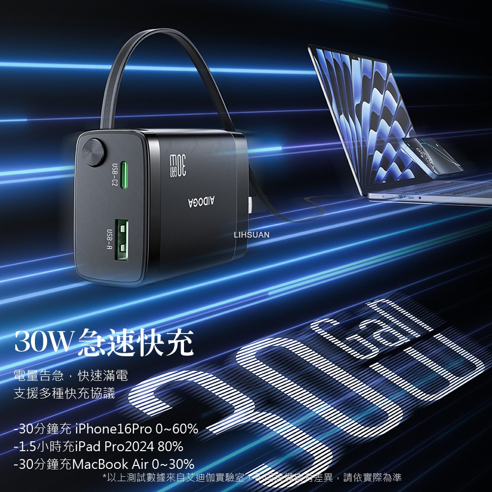 AIDOGA 艾迪伽 雙孔 GaN氮化鎵充電器 30W快充 伸縮收納Type-C線 智連系列-細節圖4