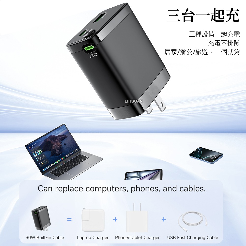 AIDOGA 艾迪伽 雙孔 GaN氮化鎵充電器 30W快充 伸縮收納Type-C線 智連系列-細節圖9