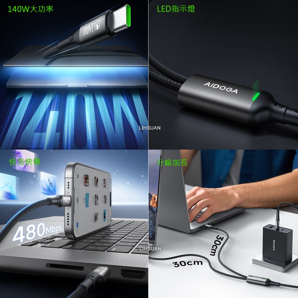 AIDOGA 艾迪伽 140W 一分二 雙Type-C/PD充電線傳輸線快充線 QC5.0 LED 爵士 1.5M-細節圖3