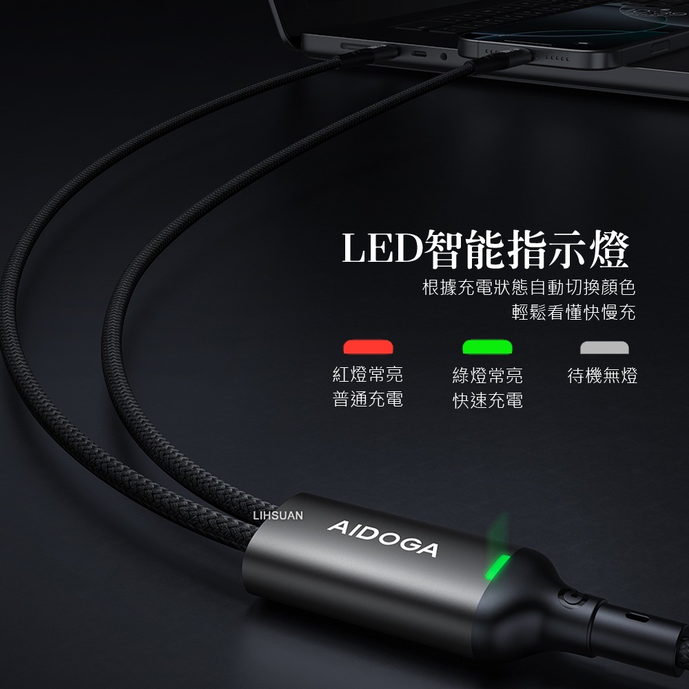AIDOGA 艾迪伽 140W 一分二 雙Type-C/PD充電線傳輸線快充線 QC5.0 LED 爵士 1.5M-細節圖5