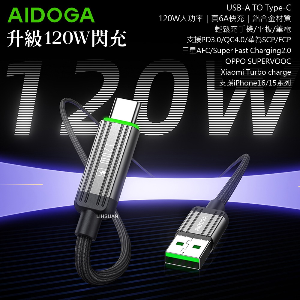 AIDOGA 艾迪伽 120W Type-C充電傳輸快充線 QC4.0 LED 鋼鐵系列 1.2M-細節圖2