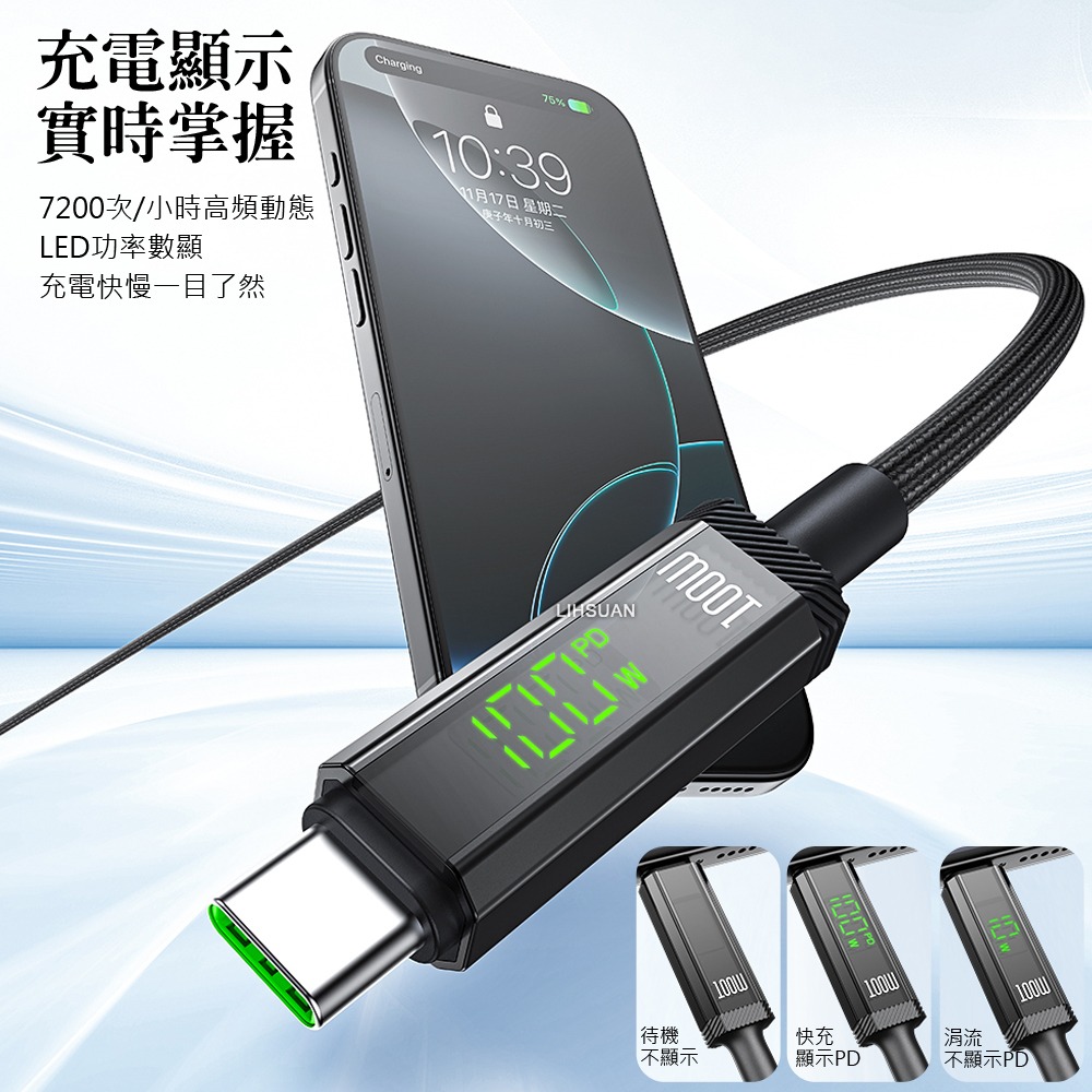 AIDOGA 艾迪伽 三合一  雙Type-C/PD智能斷電數顯補電充電傳輸線 100W 鎧甲 1.2M-細節圖4