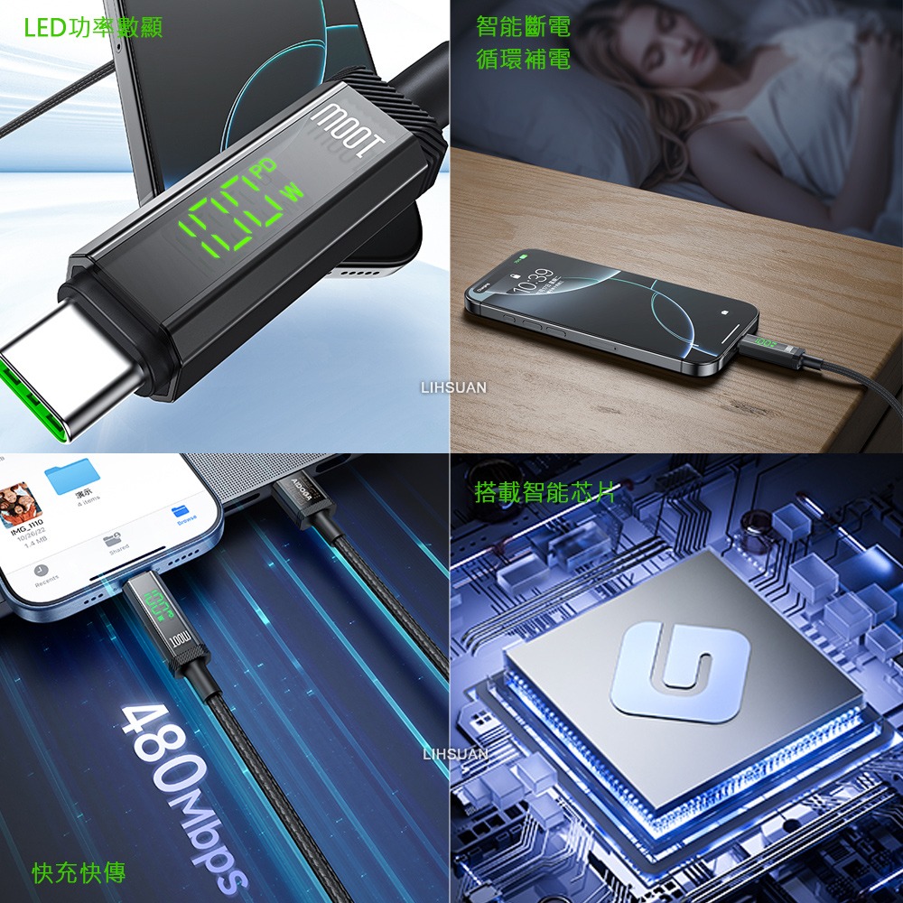 AIDOGA 艾迪伽 三合一  Type-C智能斷電數顯補電充電傳輸線 100W 鎧甲 1.2M-細節圖3