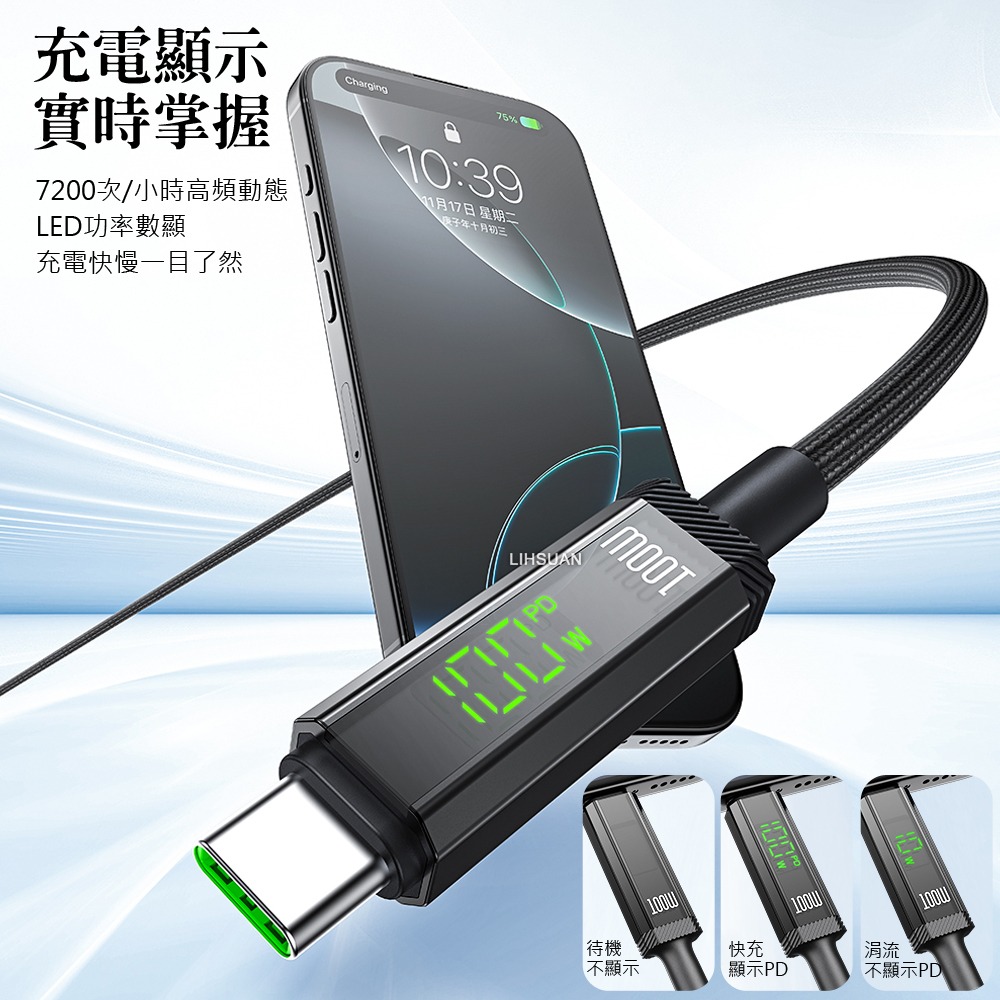 AIDOGA 艾迪伽 三合一  Type-C智能斷電數顯補電充電傳輸線 100W 鎧甲 1.2M-細節圖4