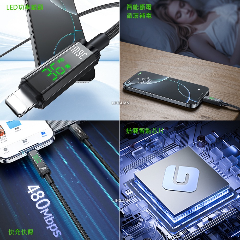 AIDOGA 艾迪伽 三合一  PD/Lightning/Type-C/iPhone智能斷電數顯補電充電傳輸線 鎧甲-細節圖3