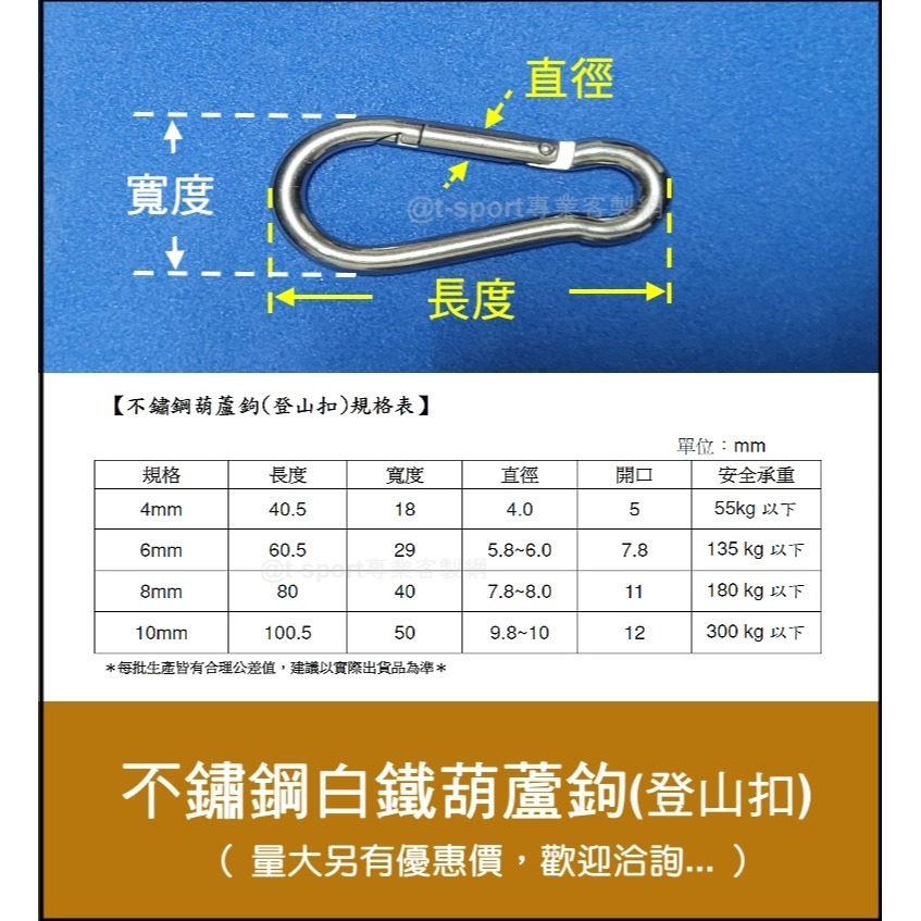 【附發票】正不鏽鋼白鐵葫蘆鉤(登山扣)，登山勾 安全扣 葫蘆勾 d型扣 寵物鍊條 勾環 扣環掛鉤 掛環 背包扣環 彈簧扣-細節圖3