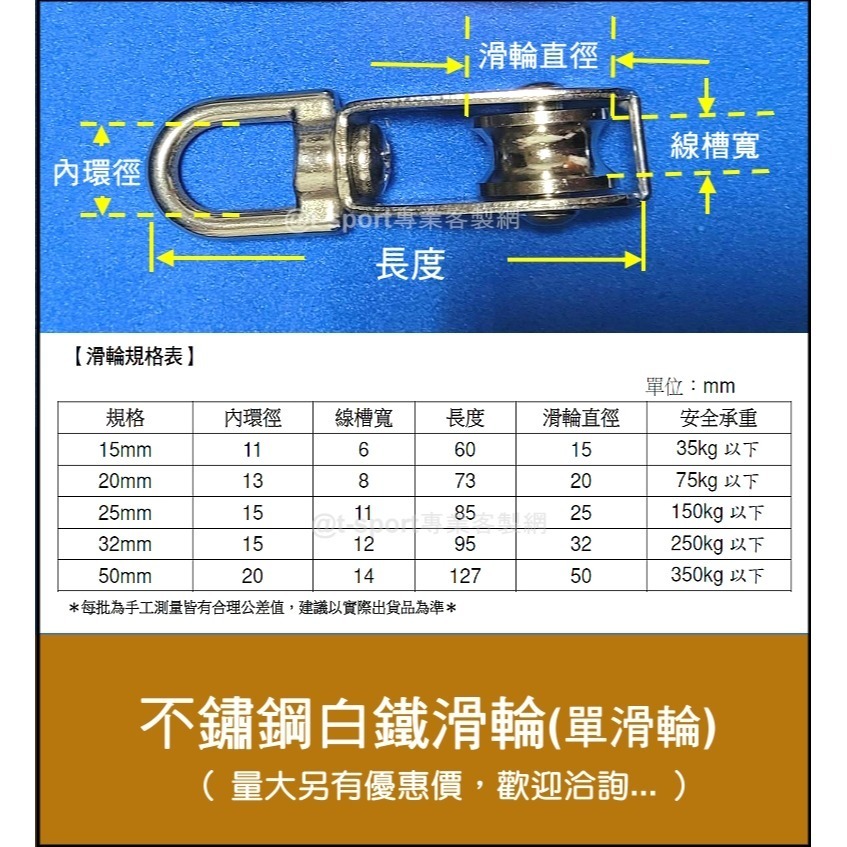 【隔日出貨】（附發票）304不鏽鋼滑輪組:白鐵單滑輪 雙滑輪 滑車  搭配鋼索 繩索 豆滑車　帆布　鐵門拖引　旗桿滑輪-細節圖2