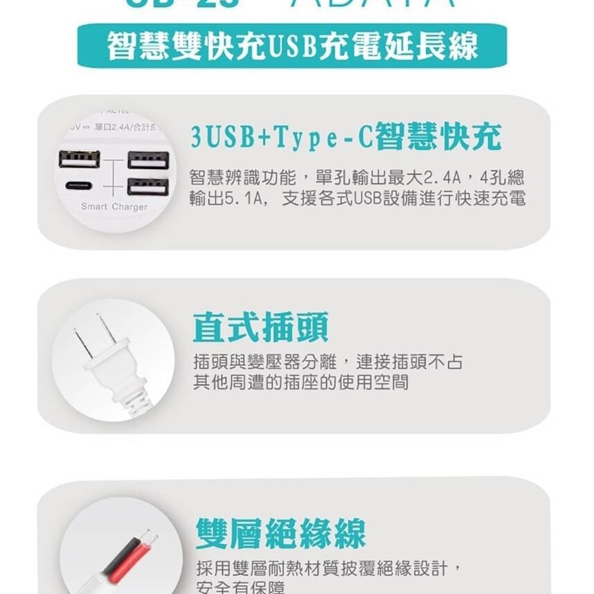 ADATA威剛  智慧分流 4孔快充延長線-細節圖6