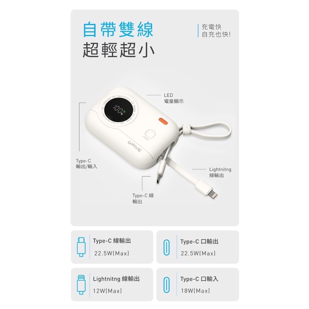 CB🌟 G’FIVE 10000mAh彩蛋寶‼️自帶線行動電源 輕巧 方便攜帶 台灣公司貨 韓國可 飛機可-細節圖4