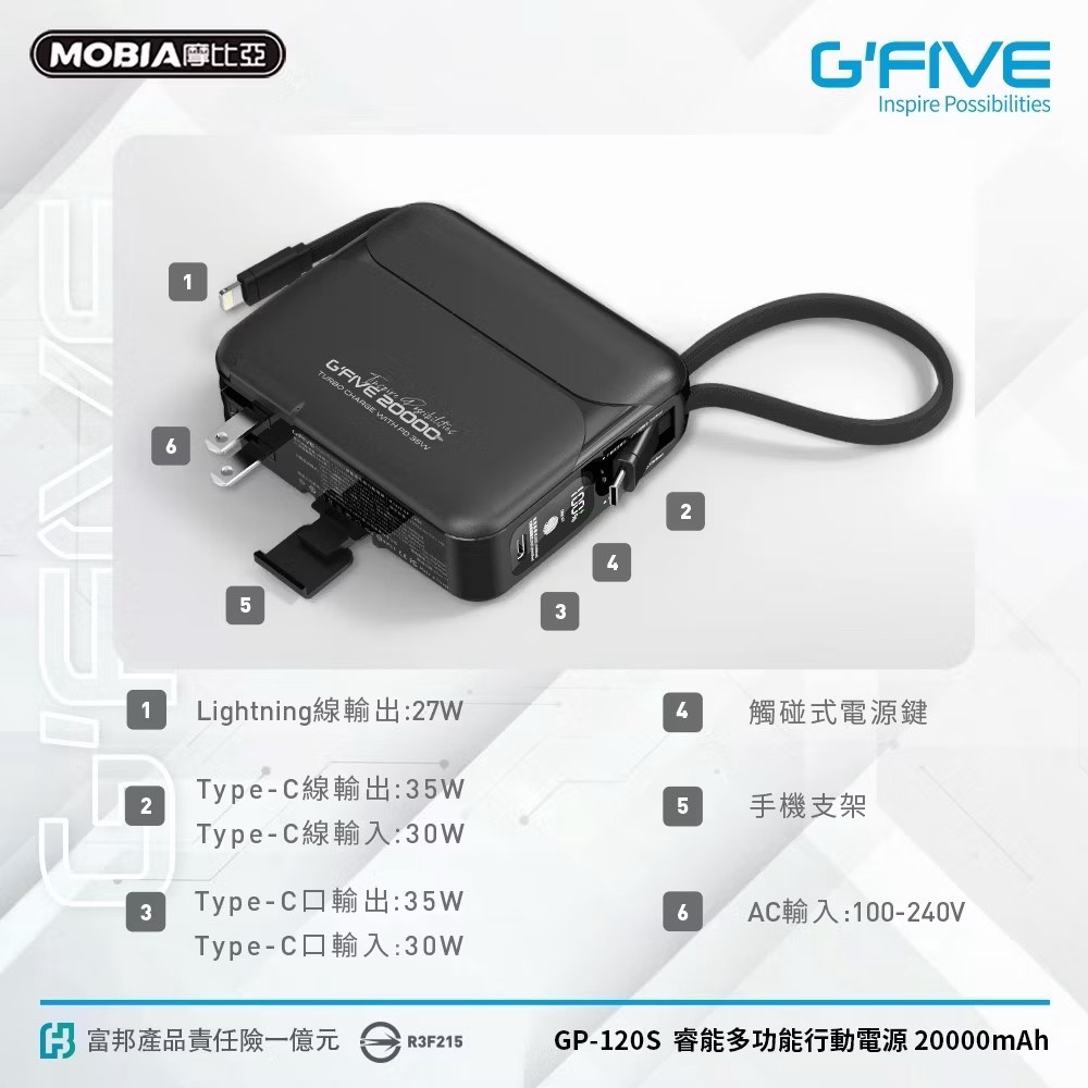 CB🌟G’FIVE 20000mAh大容量多功能行動電源 多國認證 公司貨 自帶線 大容量 韓國可 大陸可 可上機-細節圖3